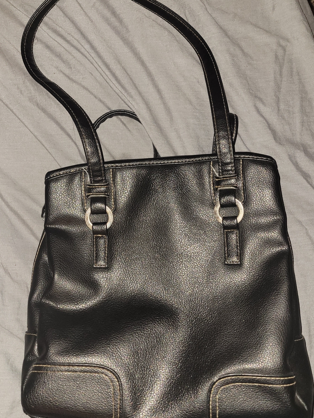Black Shoulder Bag with Silver Rings Soft Vinyl